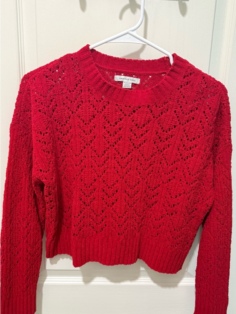 American Eagle Outfitters Red Openwork Crewneck Sweater